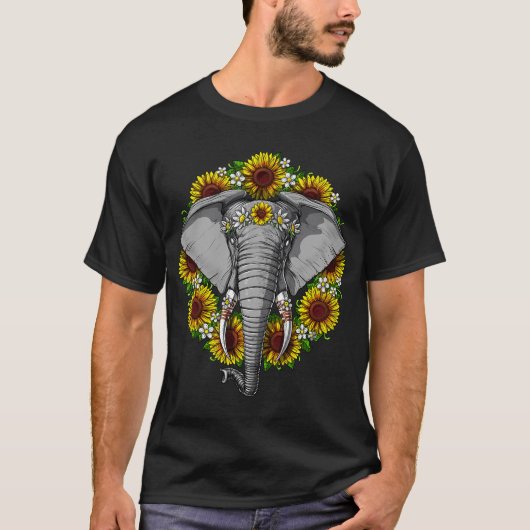 ヒッピーのひまわりと象 Tシャツ (正面)