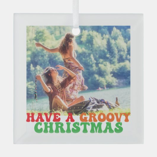 ヒッピーの休日の写真はグルービークリスマスを持っている ガラスオーナメント (正面)
