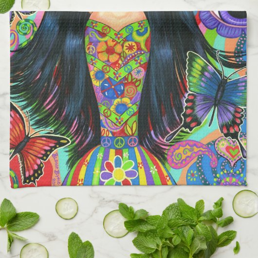 ヒッピーの女の子の人魚の点滅のピースサイン キッチンタオル (折り畳み)