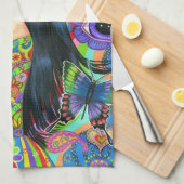 ヒッピーの女の子の人魚の点滅のピースサイン キッチンタオル (四つ折り)
