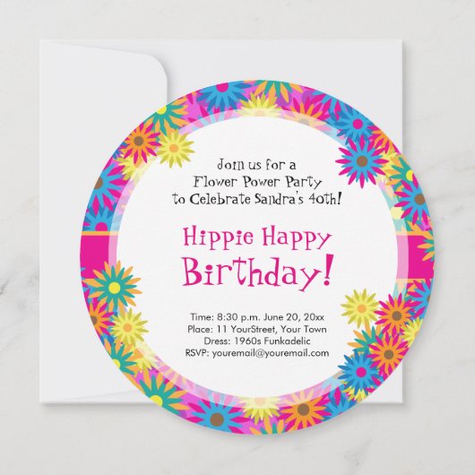ヒッピーの幸せな60年代のレトロのテーマのフラワーパワーのパーティー 招待状 (裏面)