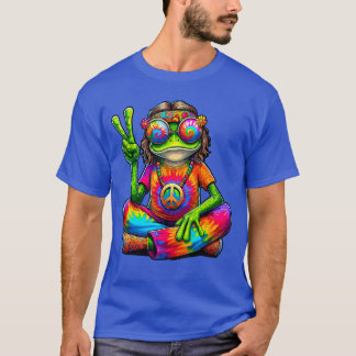 ヒッピーの染めフログ 60s 70s ヒッピーの平和のサインの友達 tシャツ