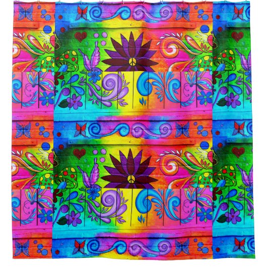 ヒッピーの素晴しくサイケデリックなデザイン シャワーカーテン (正面)