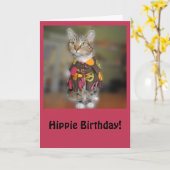 ヒッピーの虎猫猫のバースデー・カード カード (黄色い花)