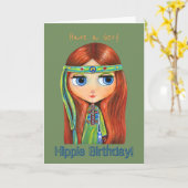 ヒッピーの誕生日を非常に持って下さい! 大きい目のヒッピーのひよこ カード (黄色い花)