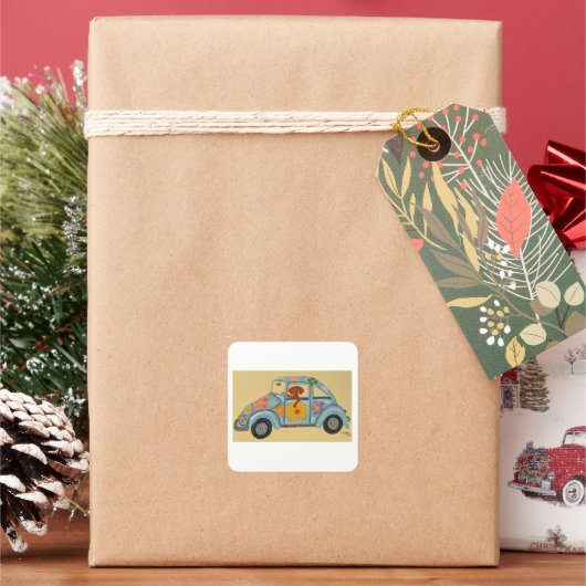ヒッピーの車に乗ったダックスフント スクエアシール (クリスマス)