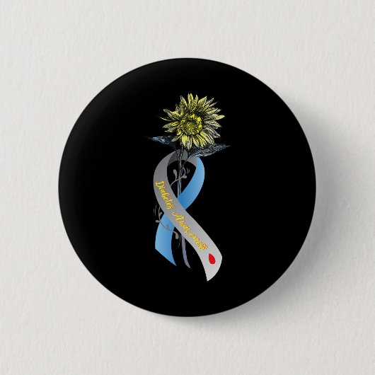 ヒッピーひまわりグレーブルーリボンタイプ1糖尿病 缶バッジ (正面)