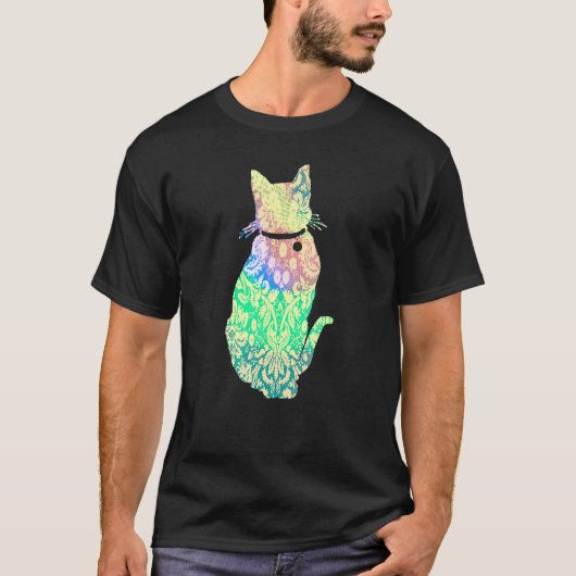 ヒッピーカラフルかわいい猫 Tシャツ (正面)