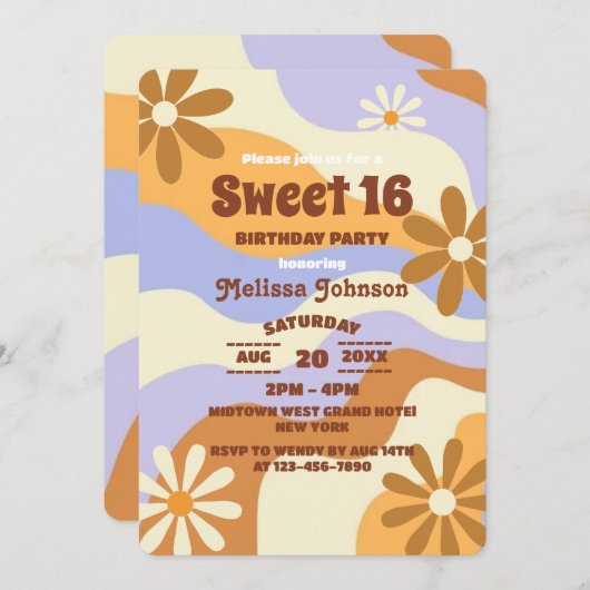 ヒッピーカラフルフラワーレトログルービースウィート16 招待状 (正面/裏面)