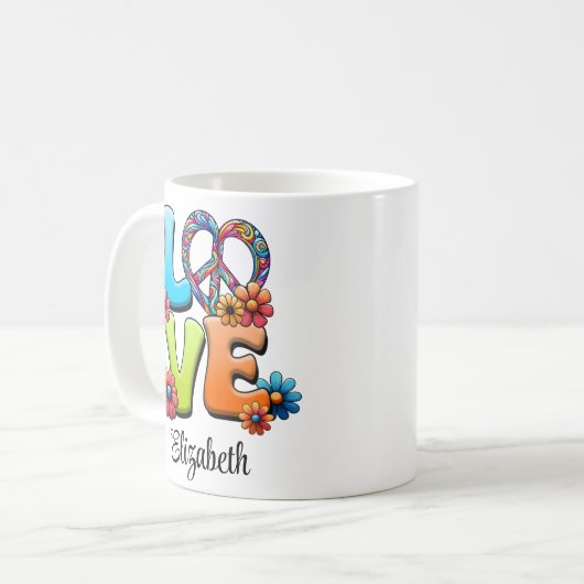 ヒッピーカラフルフローララブピース名前をカスタムする コーヒーマグカップ (正面左)