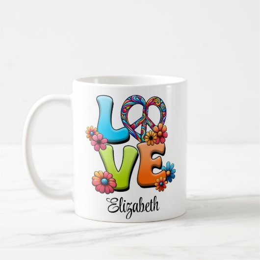 ヒッピーカラフルフローララブピース名前をカスタムする コーヒーマグカップ (左)