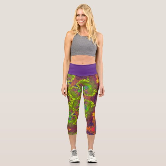 ヒッピーサイケデリックイエローオレンジとパープルレギン カプリレギンス (正面)