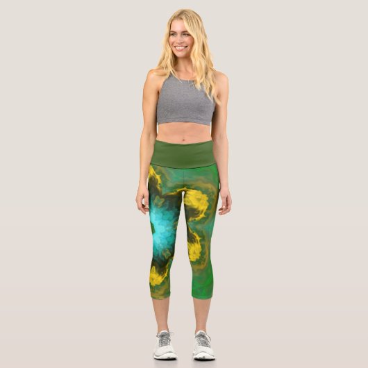 ヒッピーサイケデリックイエローグリーンとシアンレギンス カプリレギンス (正面)