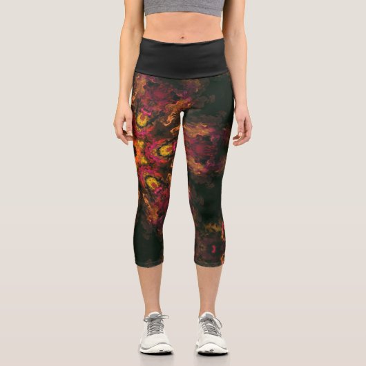 ヒッピーサイケデリックイエローレッドとオレンジのレギンス カプリレギンス (正面)