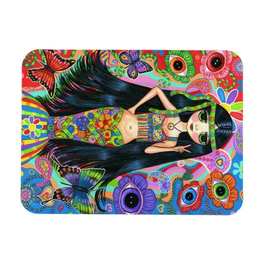 ヒッピーサイケデリックガールマーメイドピースサインGroovy マグネット (横)