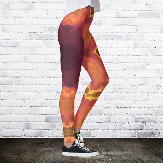 ヒッピーサイケデリックフラワーオレンジパープルとイエロー レギンス