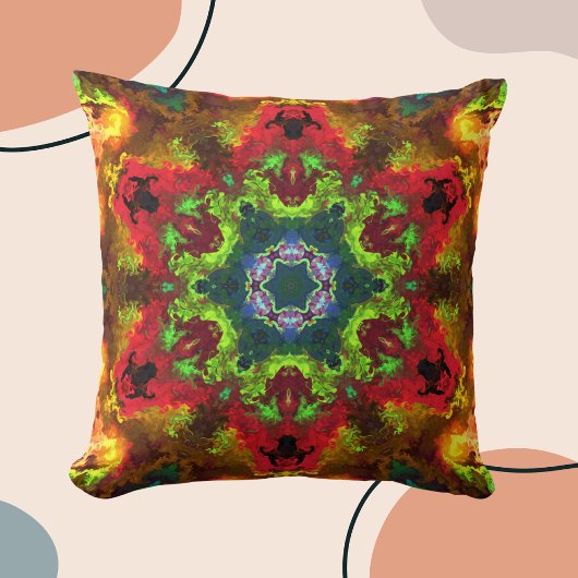 ヒッピーサイケデリックフラワーグリーン赤とオレンジ クッション