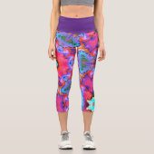 ヒッピーサイケデリックフラワーピンクブルーとオレンジ色の脚 カプリレギンス (正面)