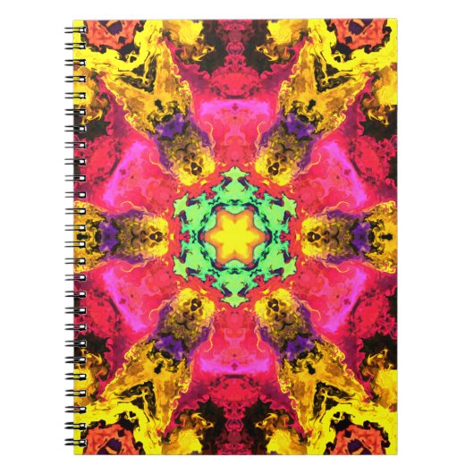 ヒッピーサイケデリックフラワーピンク黄色と緑 ノートブック (正面)