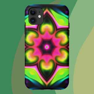 ヒッピーサイケデリックフラワーピンク黄色と緑 iPhone 11 ケース