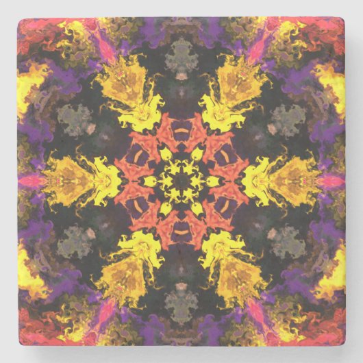 ヒッピーサイケデリックフラワーレッドとパープル ストーンコースター (正面)