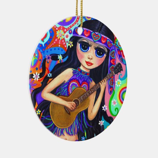 ヒッピーサイケデリックマーメイドガールギターかわいいハート セラミックオーナメント (右)