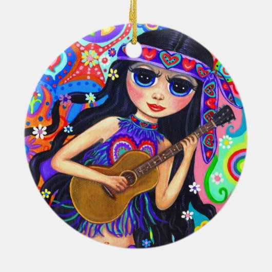 ヒッピーサイケデリックマーメイドガールギターかわいいハート セラミックオーナメント (裏面)