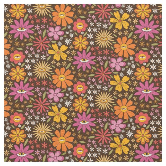 ヒッピーサイケデリック70s溝深い花目パターン ファブリック (クローズアップ)