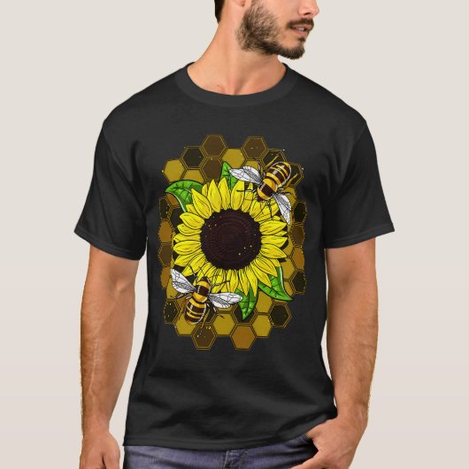 ヒッピースタイルのひまわりと蜂 Tシャツ (正面)