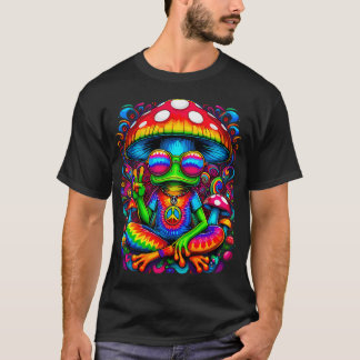 ヒッピータイダイフロッグとマッシュルームピースサイン Tシャツ