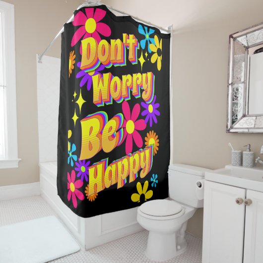 ヒッピータイポグラフィ心配しない幸せな花 シャワーカーテン (インサイチュ)