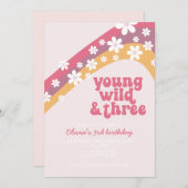 ヒッピーデイジーヤングワイルドアンドスリー誕生日 招待状 (正面/裏面)