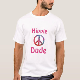 ヒッピーデュードピンクブルーろうけつ染め絞り染めピースサイン Tシャツ
