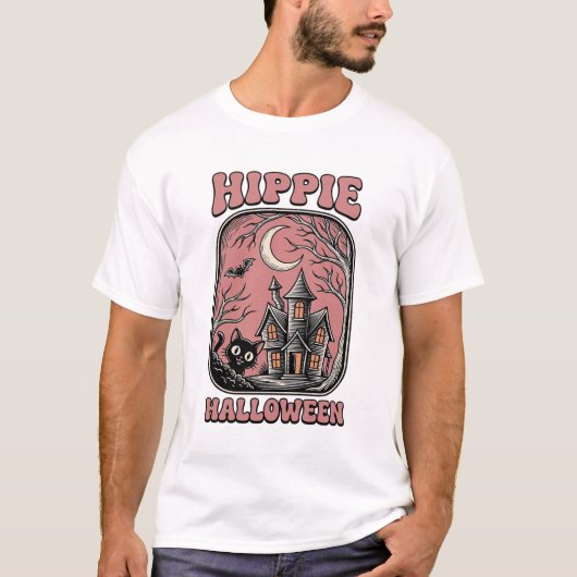 ヒッピーハロウィン猫の霊園ヴィンテージデザイン Tシャツ (正面)