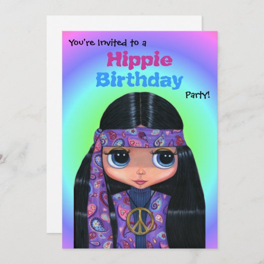 ヒッピーバースデーパーティーパープルペイズリーヒッピーガール 招待状 (正面/裏面)