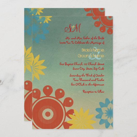 ヒッピーフラワーズヴィンテージウエディング招待状5x7 招待状 (正面/裏面)