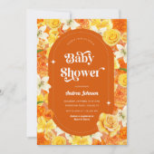 ヒッピーフローラレトロGroovy 70sオレンジベビーシャワー 招待状 (正面)