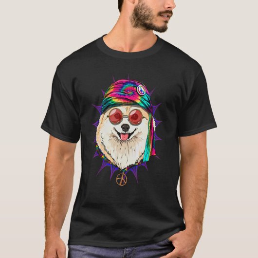ヒッピーポメラニア犬絞り染めピースサインサイケデリックD Tシャツ (正面)