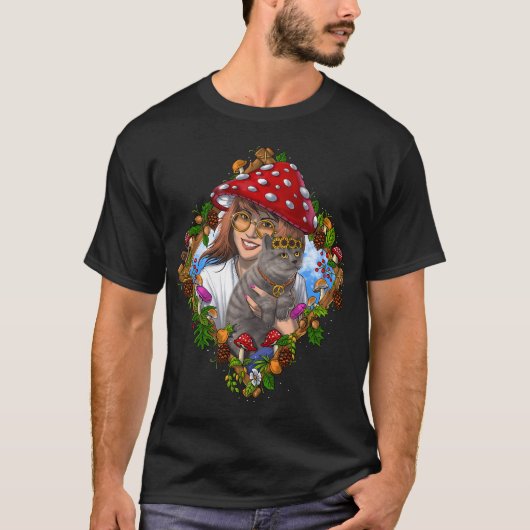 ヒッピーマッシュルーム猫 Tシャツ (正面)