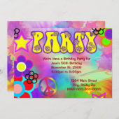 ヒッピーレインボーレトロ誕生日パーティーへの招待 招待状 (正面/裏面)