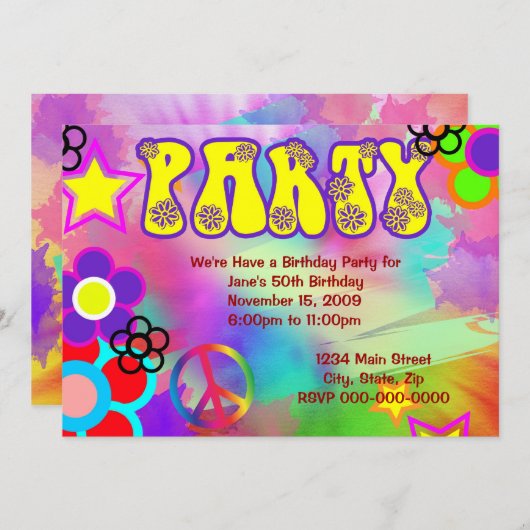 ヒッピーレインボーレトロ誕生日パーティーへの招待 招待状 (正面/裏面)
