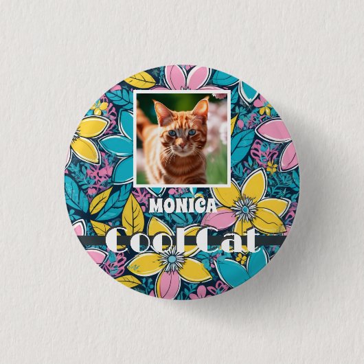 ヒッピーレトロフローラクールGroovy Catカスタム写真 缶バッジ (正面)