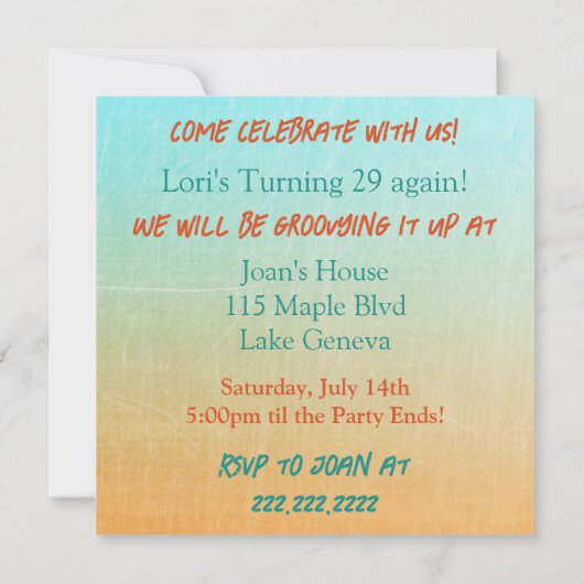 ヒッピーレトロヴィンテージカラー誕生日招待状 招待状 (裏面)