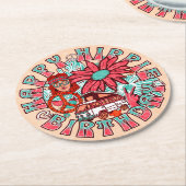 ヒッピーレトロヴィンテージカラー誕生日 ラウンドペーパーコースター (アングル)