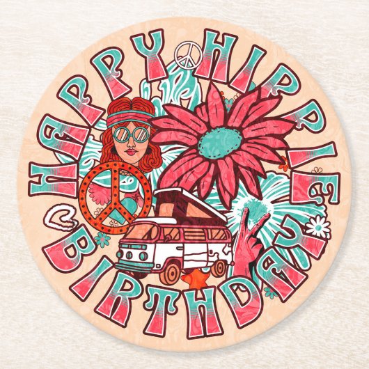 ヒッピーレトロヴィンテージカラー誕生日 ラウンドペーパーコースター (正面)