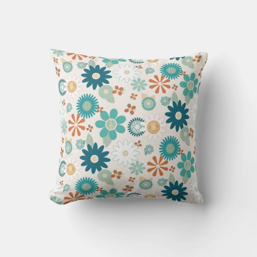 ヒッピーレトロヴィーベ70sデイジーピースブルーオレンジベビー クッション (正面)