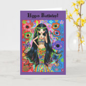 ヒッピー人魚の女の子の平和サインサイケデリックかわいい カード (黄色い花)