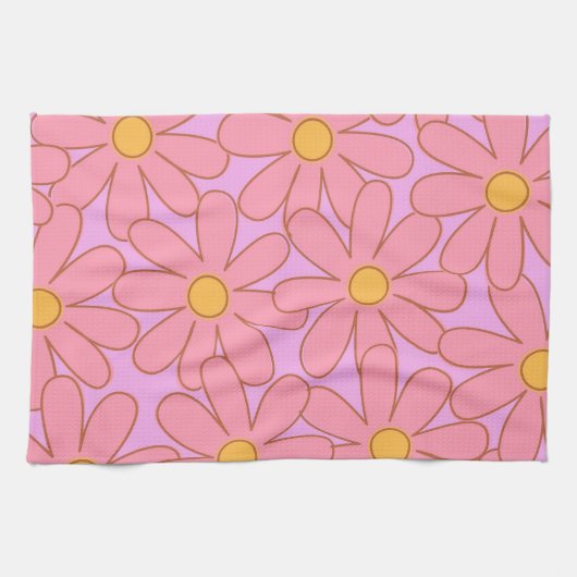 ヒッピー名門私立校風のピンク紫色の花柄 キッチンタオル (横)