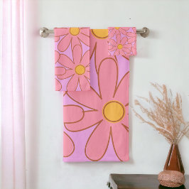 ヒッピー名門私立校風のピンク紫色の花柄 バスタオルセット