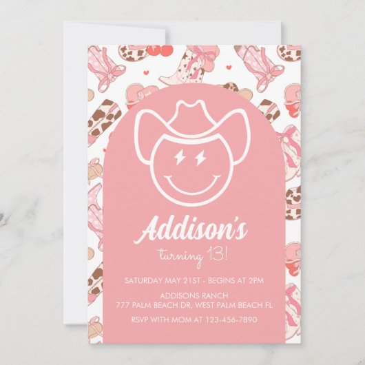 ヒッピー名門私立校風の女性のカーボーイ誕生日 招待状 (正面)